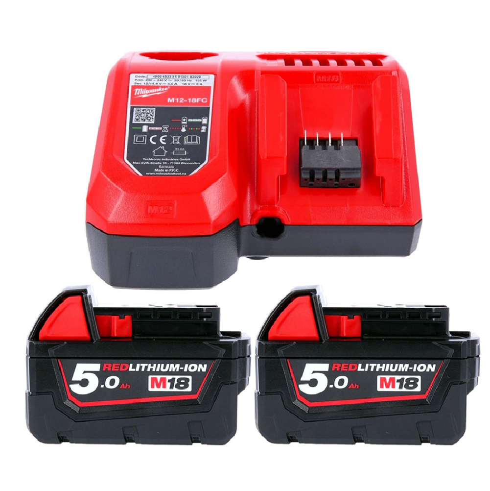 MILWAUKEE M18 5.0AH DUAL BATTERY PACK (2 X 18V 5.0AH RED LITHIUM-ION Battery & M12-18FC Fast Charger)